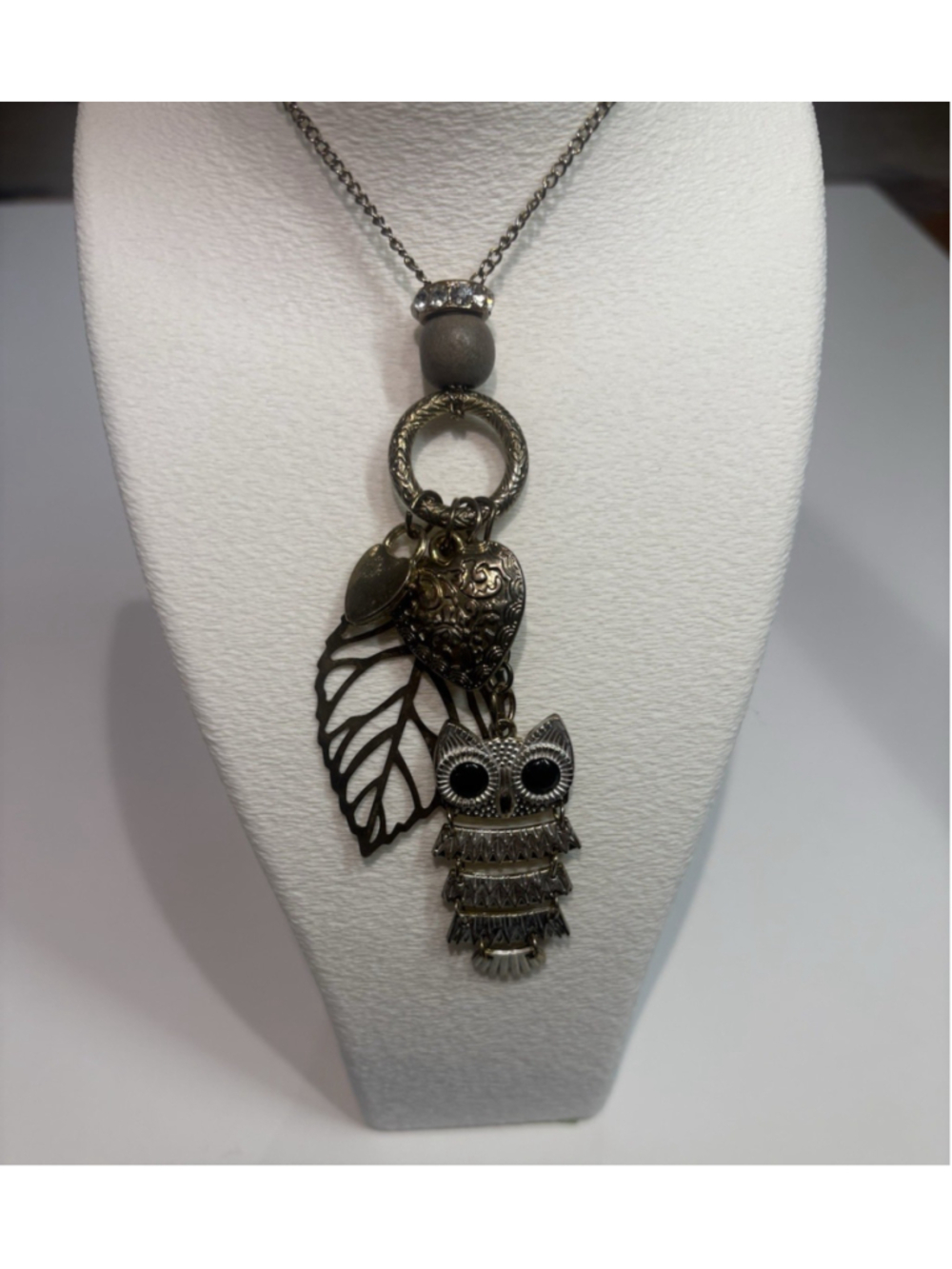 Silver Tone Owl Leaf Heart Pendant Necklace Boho Woodland Charm